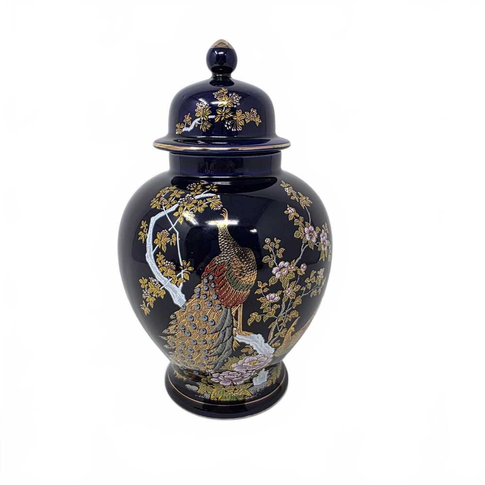 Vintage Otagiri Japan Ginger Jar Cobalt Blue Peacock Peony Gold Floral 8 Inch